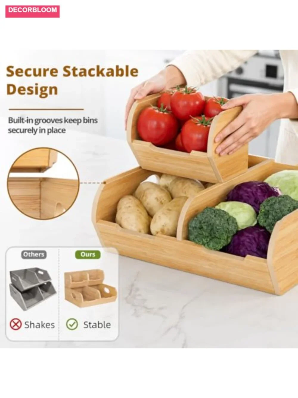 Bamboo Potato Onion Storage Bin 3 Pack Stackable Produce Basket